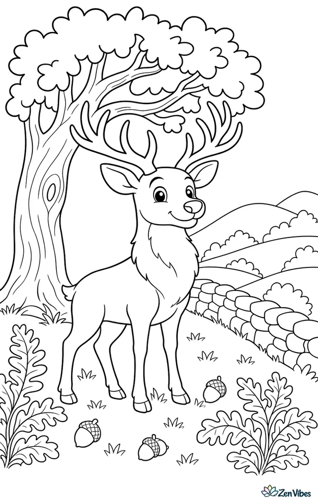 A red deer stag stands proudly on a grassy hillside beneath an old oak tree, with scattered acorns, ferns, and a stone wall leading toward rolling countryside.