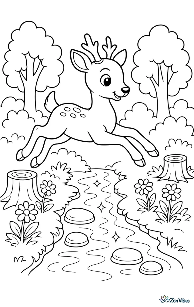 A roe deer leaps over a narrow creek in a leafy forest clearing, with tree stumps, clusters of daisies, and stepping stones lining the sparkling water.