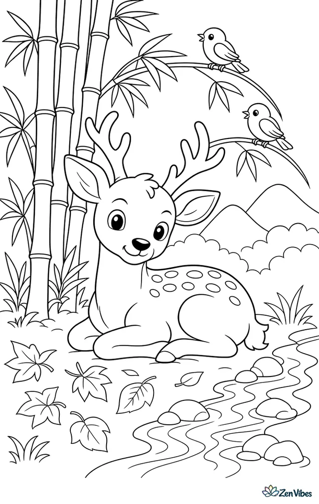 A sika deer rests in a bamboo grove beside fallen leaves and a small stream, while songbirds perch on arched stems and distant hills peek through morning mist.