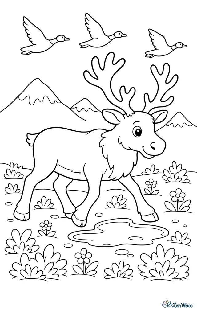 A caribou walks across tundra dotted with low shrubs and tiny wildflowers, stepping around a shallow puddle while geese fly overhead and snowy mountains rise far away.