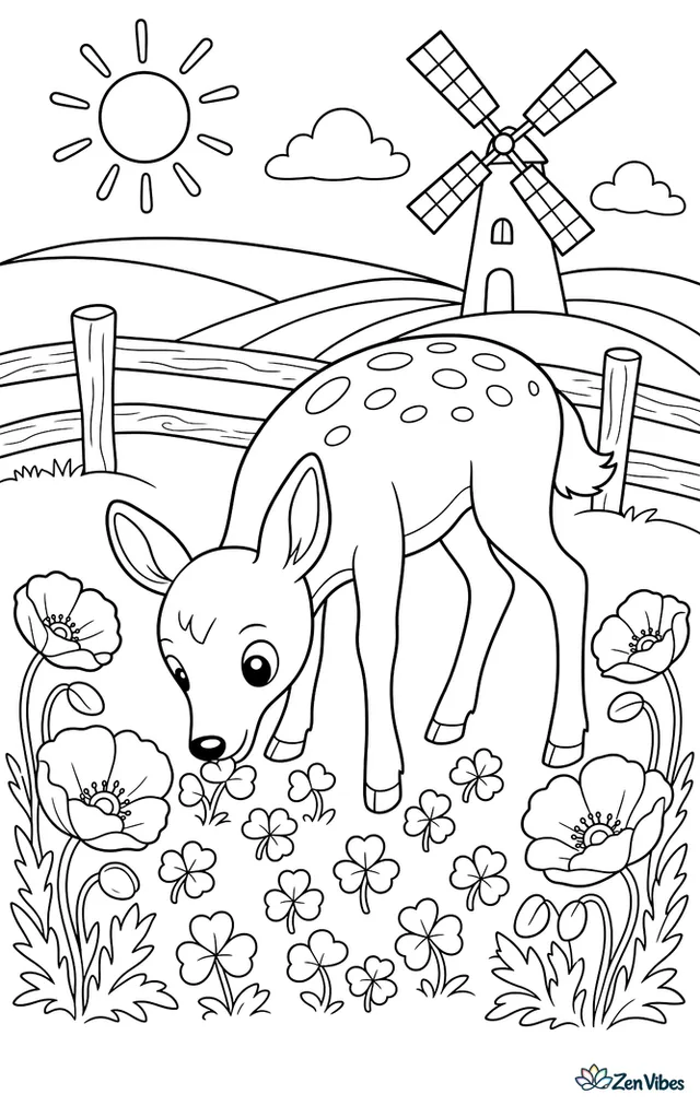 A fallow deer nibbles clover in a sunny meadow bordered by poppies, a split-rail fence, and a large windmill standing beyond gently waving fields.