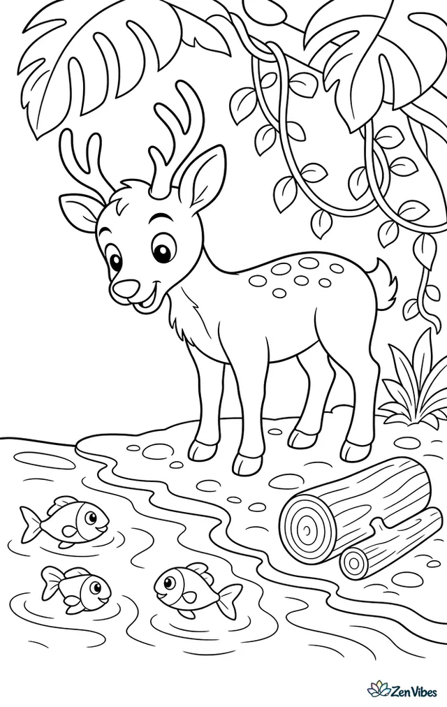 A sambar deer stands on a muddy riverbank under broad jungle leaves, watching fish ripple the water while vines hang from trees and rounded logs rest nearby.