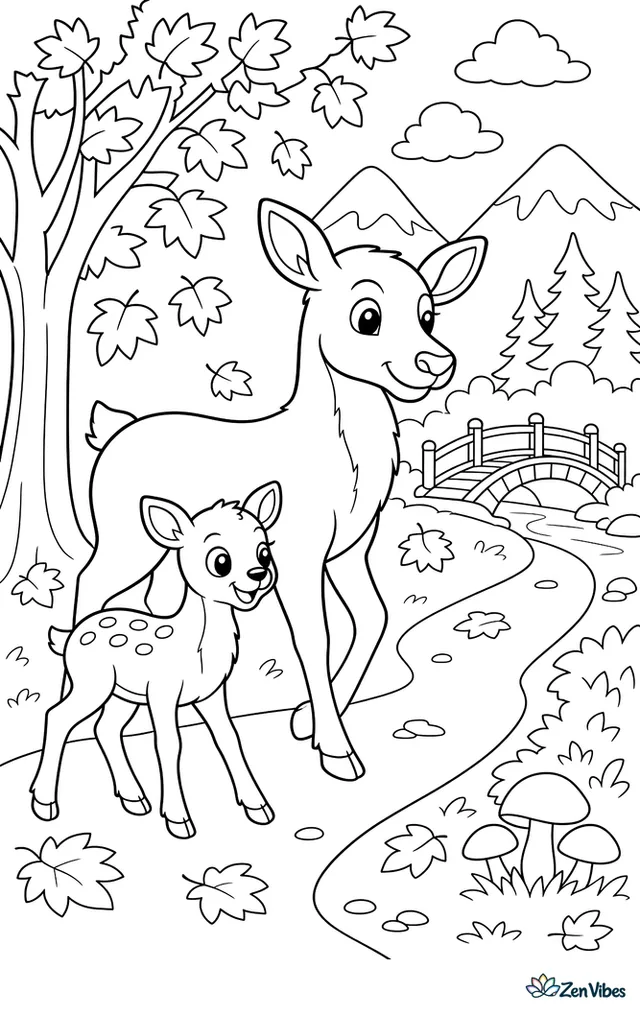 A wapiti cow and calf walk through an autumn grove with falling maple leaves, mushrooms, and a curved path leading toward distant mountains and a wooden bridge.