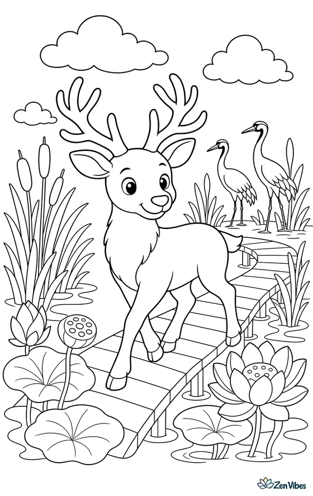 A Pere David's deer strolls through a marshy field with tall reeds, lotus flowers, and a narrow boardwalk, while cranes stand in the distance beneath soft clouds.