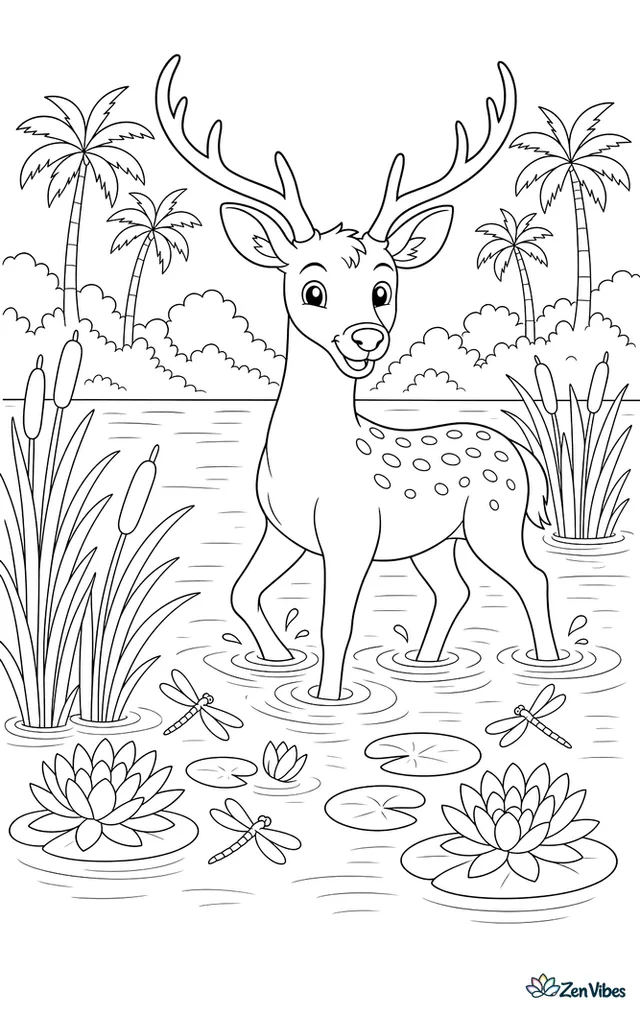A barasingha wades through a marsh with reeds, water lilies, and ripples around its legs, while dragonflies skim the surface and palms line the far shore.
