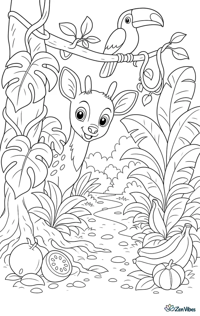 A red brocket deer peeks from a tropical forest path framed by giant leaves, vines, fallen fruit, and tree roots, while a toucan sits on a branch overhead.