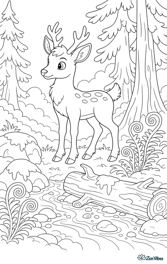 A tufted deer stands in a misty woodland glen near mossy rocks and curled ferns, listening to a stream bubbling past a fallen log under tall cedar trees.