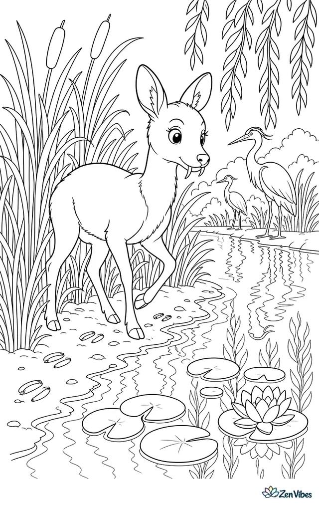 A water deer moves through tall riverside reeds beside a calm channel, with herons, lily pads, and willow branches reflected in the water near muddy footprints.