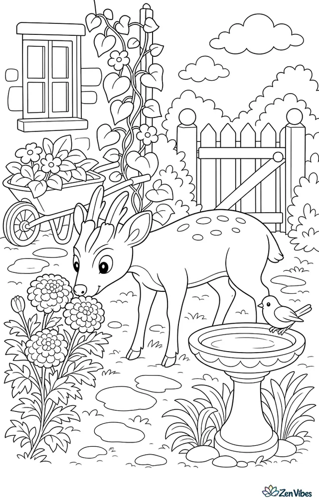 An Indian muntjac explores a cottage garden, sniffing marigolds beside a stone birdbath, while a wheelbarrow, climbing beans, and a picket gate create a cozy setting.