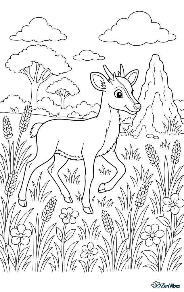 A hog deer trots through tall grassland dotted with seed heads and purple blooms, passing a termite mound while distant trees and layered clouds fill the horizon.