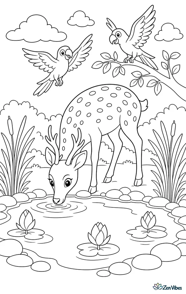A chital bends to drink at a watering hole bordered by reeds and smooth stones, while parrots flutter from nearby branches and lotus buds float on the surface.