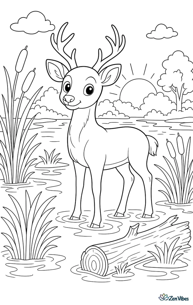 A swamp deer stands at dawn in a misty wetland with sedges, reeds, and a half-submerged log, while the rising sun glows behind distant trees and still water.