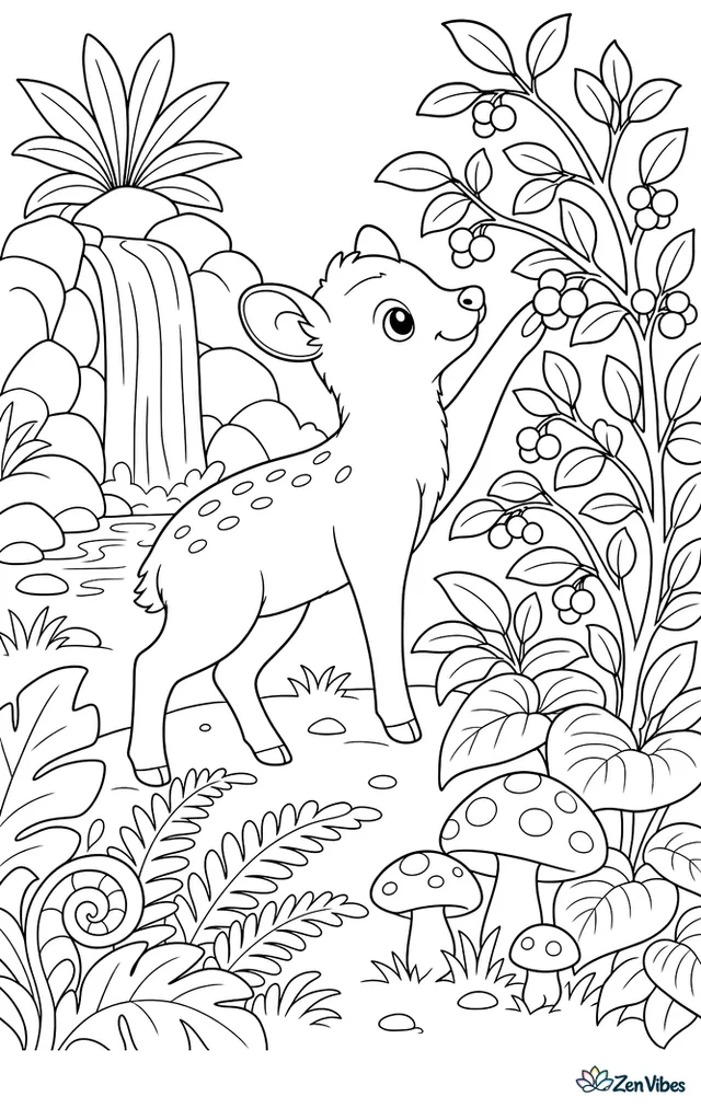 A southern pudu reaches up toward a berry bush in a cool rainforest clearing, surrounded by large leaves, ferns, mushrooms, and a tiny waterfall over dark rocks.