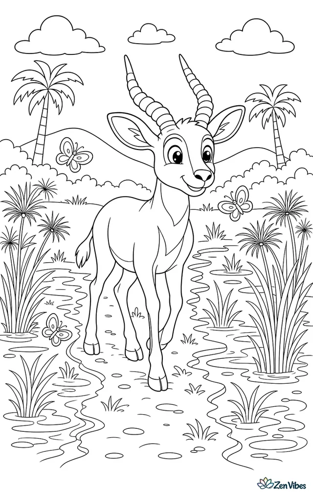 A marsh buck walks along a narrow path through wet grass, with papyrus clumps, butterflies, and shallow pools on both sides, while palms and low hills frame the distance.
