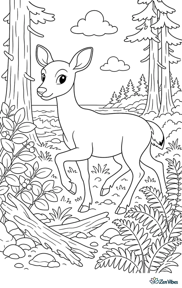 A black-tailed deer steps carefully through a coastal forest where ferns, driftwood, and salal bushes cover the ground, and ocean waves are visible beyond the pines.