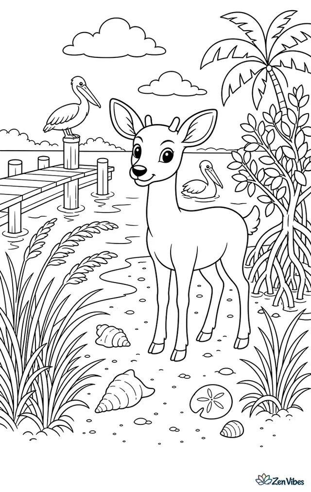 A Key deer stands near a sandy island trail lined with sea oats, shells, and mangrove roots, while gentle water, a dock, and pelicans appear behind it.
