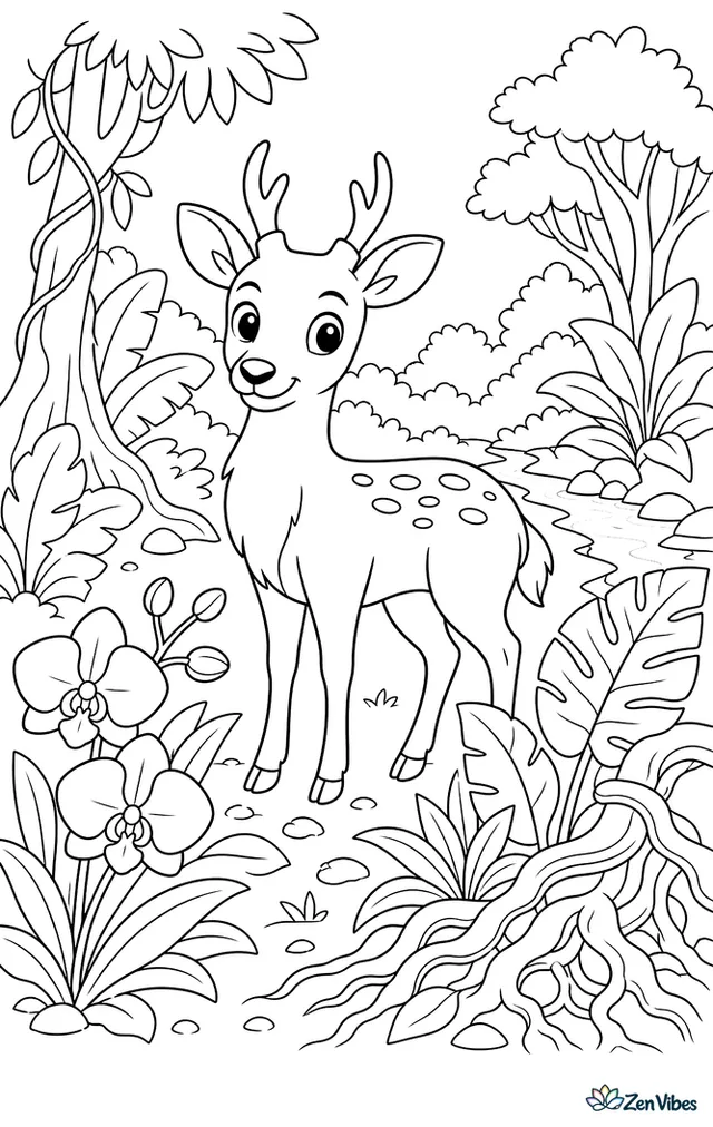 A Bawean deer pauses in a sunny jungle clearing among broad leaves, orchids, and twisted roots, while a narrow creek and layered foliage recede into the background.