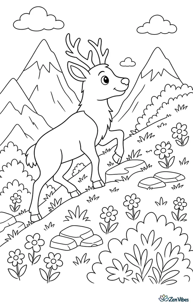 A Thorold's deer climbs a grassy mountain slope scattered with wildflowers, shrubs, and flat stones, while prayer-flag-free poles and snowy peaks stand far behind.