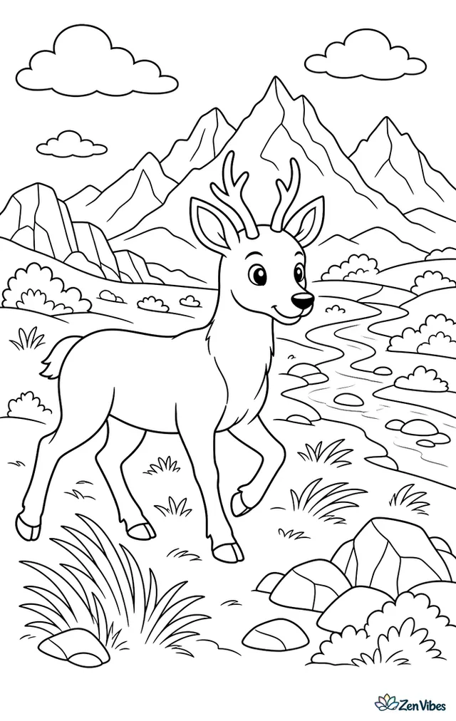 A huemul crosses a Patagonian valley with low bushes, wind-bent grasses, and rocky outcrops, while a clear stream winds toward distant jagged mountains.