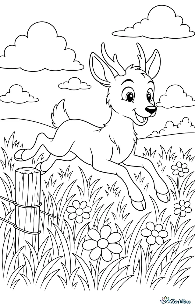 A pampas deer bounds through an open field of tall grasses and yellow flowers, passing a weathered fence post while clouds stretch across a wide sky.