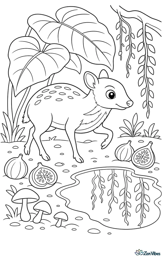 A lesser mouse-deer tiptoes through a shaded glade beneath huge leaves, near fallen figs, tiny mushrooms, and a small pool reflecting hanging vines and branches.
