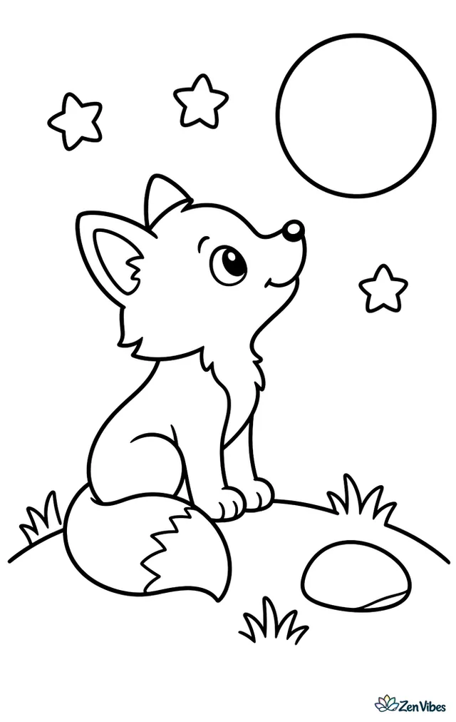 A red fox kit sits on a grassy hill looking up at a round moon, with three stars, a few tufts of grass, and one smooth rock nearby.