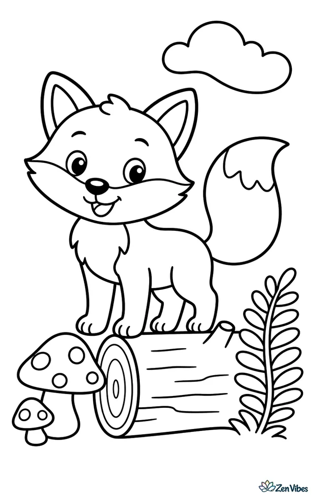 A red fox stands beside a fallen log in a simple forest clearing, with two mushrooms, a fern, and a curved cloud drifting overhead.