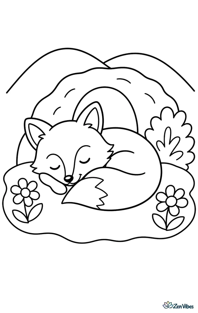 A red fox naps curled beside its den entrance on soft ground, surrounded by two daisies, a small bush, and gentle rolling hills in the background.