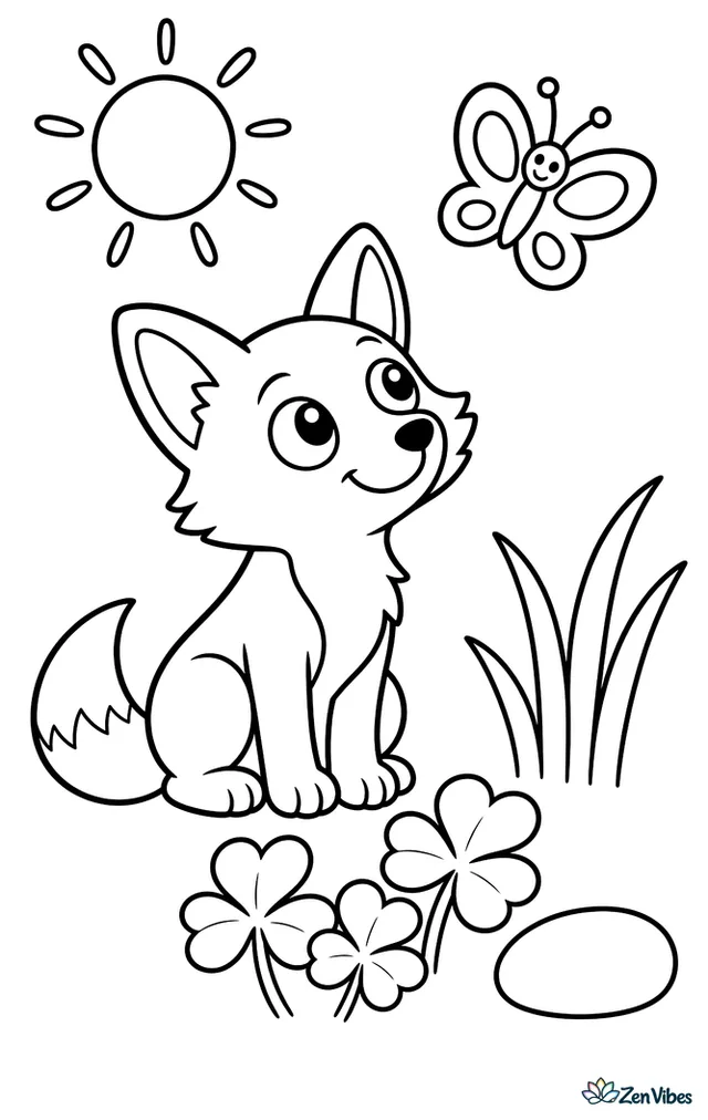 A swift fox watches a butterfly above a patch of clover, with a smooth stone, three blades of tall grass, and a bright sun in the sky.