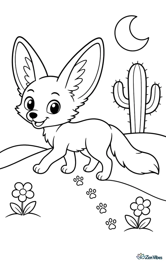 A fennec fox walks across sandy dunes, leaving small paw prints, with a cactus, a crescent moon, and two tiny desert flowers nearby.