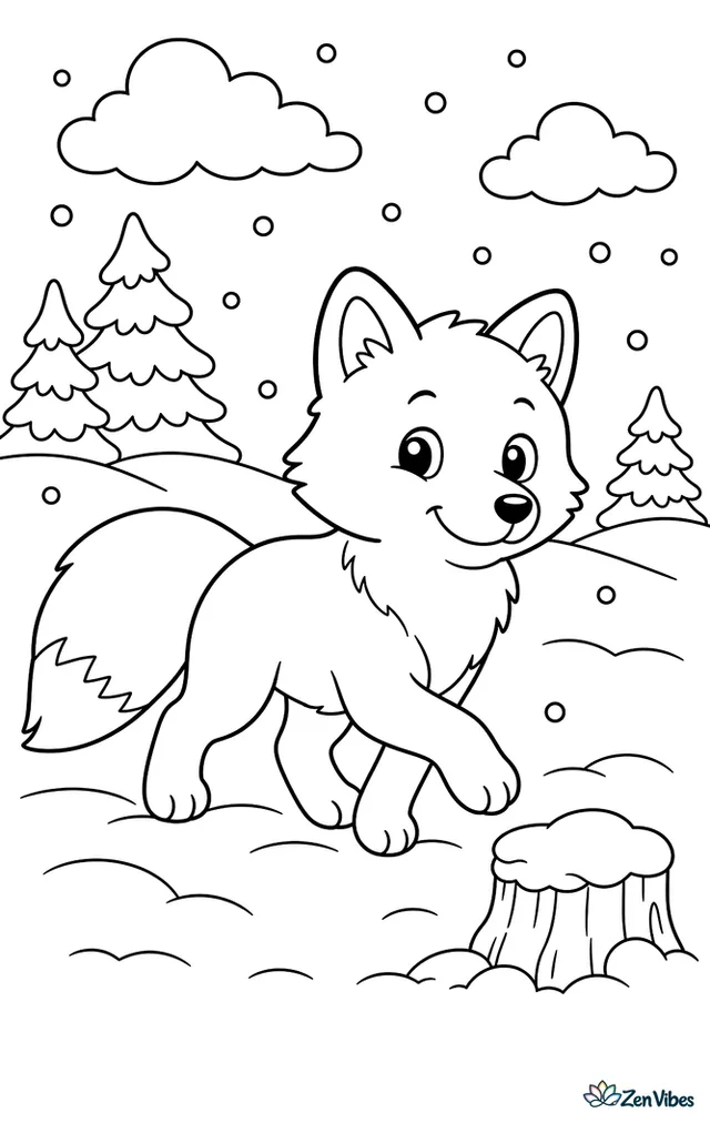An arctic fox trots through fresh snow during light snowfall, with a snow-covered stump, distant pine trees, and rounded hills under a cloudy winter sky.