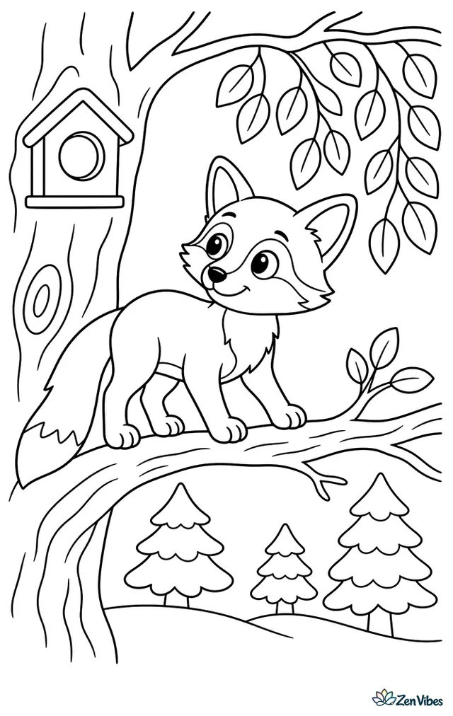 A gray fox balances on a sturdy tree branch, glancing toward hanging leaves, with an owl house, bark patterns, and layered forest trees around it.