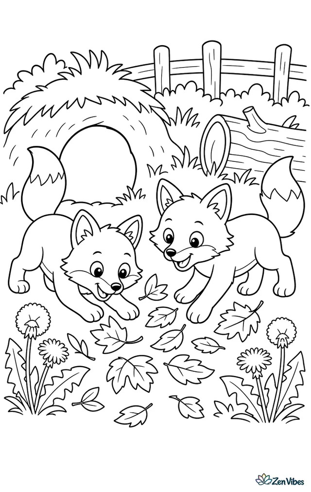 Two red fox cubs play near their den, pawing at fallen leaves, with a hollow log, dandelions, and a wooden fence beyond the meadow.