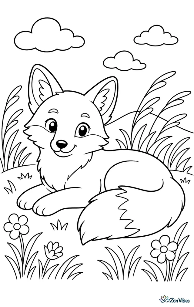 A corsac fox rests in a breezy steppe, surrounded by waving grasses, a few wildflowers, a distant hill, and drifting clouds across an open sky.