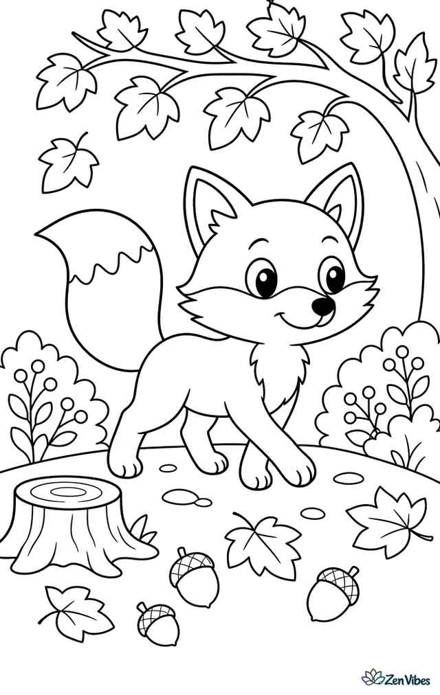 A red fox walks along an autumn forest path, passing acorns, maple leaves, a tree stump, and bushes with berries beneath arching branches.