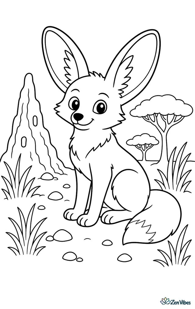 A bat-eared fox sits alert in savanna grass, listening with oversized ears, while a termite mound, scattered pebbles, and umbrella acacia trees fill the scene.