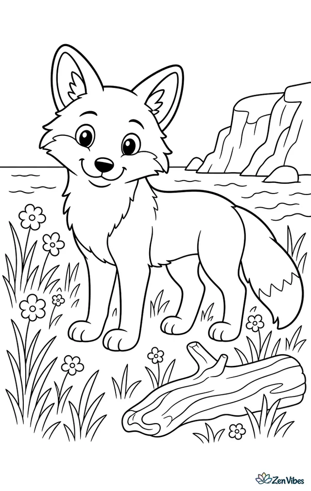 An island fox stands in a coastal meadow with tall grass, tiny wildflowers, a driftwood log, and distant cliffs above calm ocean waves.