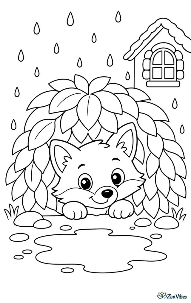 A red fox peeks from beneath a leafy shrub during a rain shower, with puddles, raindrops, smooth stones, and a cottage window in the distance.