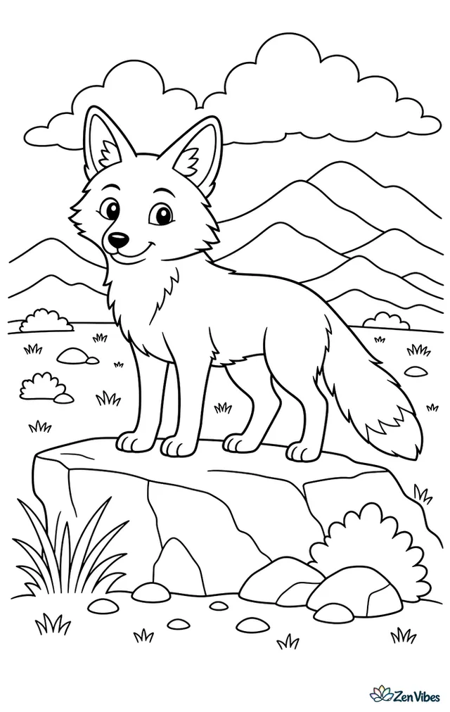 A Tibetan sand fox stands on a rocky ledge, overlooking dry grassland with scattered stones, low shrubs, and layered mountains under broad clouds.