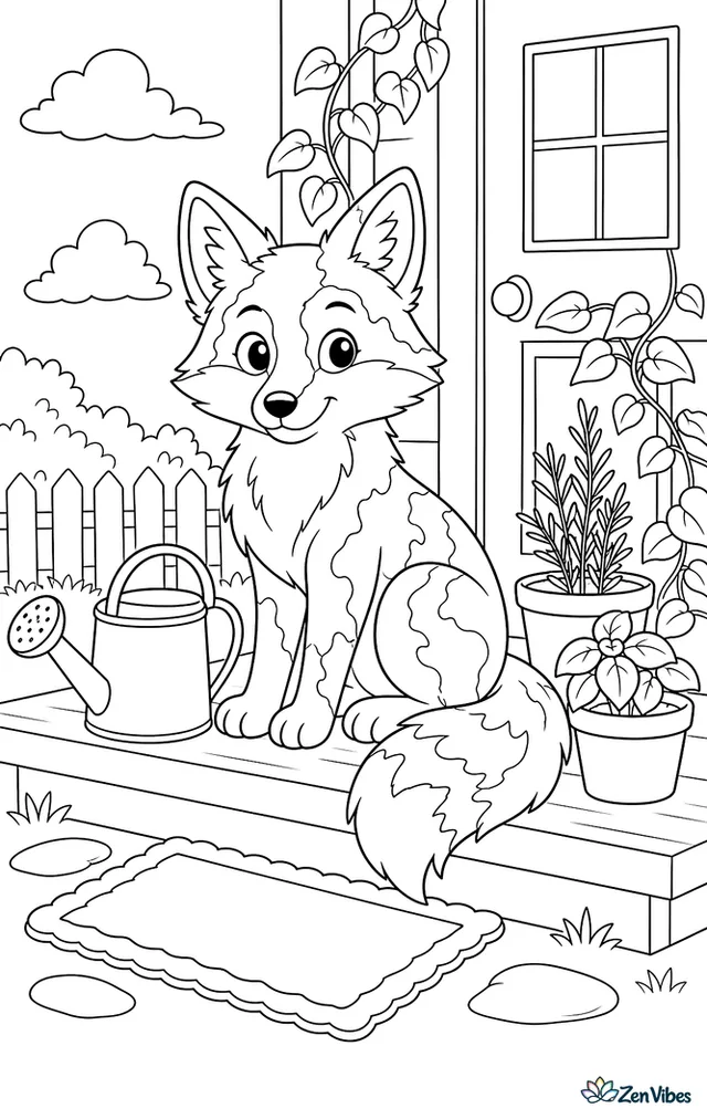 A marble fox sits on a wooden porch step beside a watering can, with potted herbs, a welcome mat, and climbing vines around the doorway.