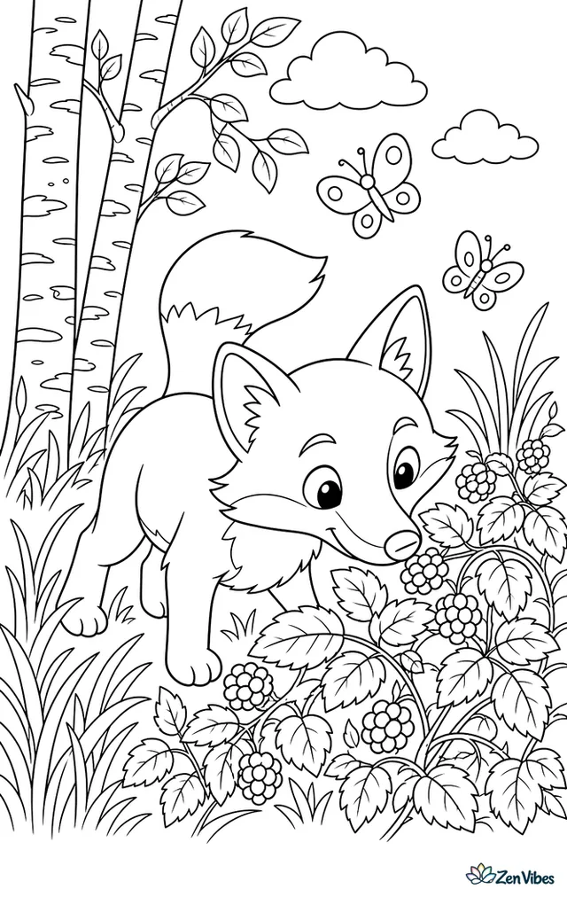A red fox noses through a berry patch at the forest edge, surrounded by leafy brambles, butterflies, tall grasses, and birch trees with patterned bark.