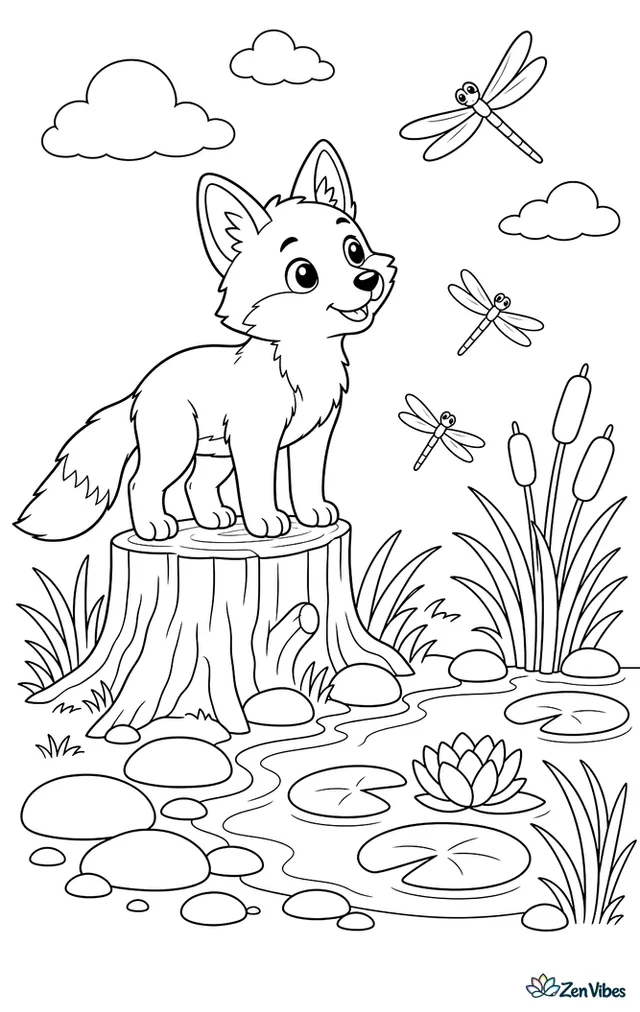 A gray fox kit stands on a tree stump to watch dragonflies over a pond, with cattails, lily pads, reeds, and smooth shoreline stones.