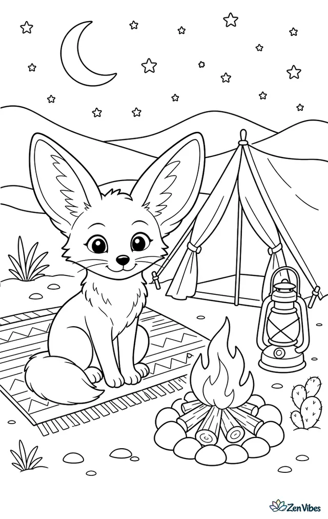 A fennec fox sits near a small campfire in a desert campsite, with a tent, lantern, patterned blanket, and starry sky above rolling dunes.