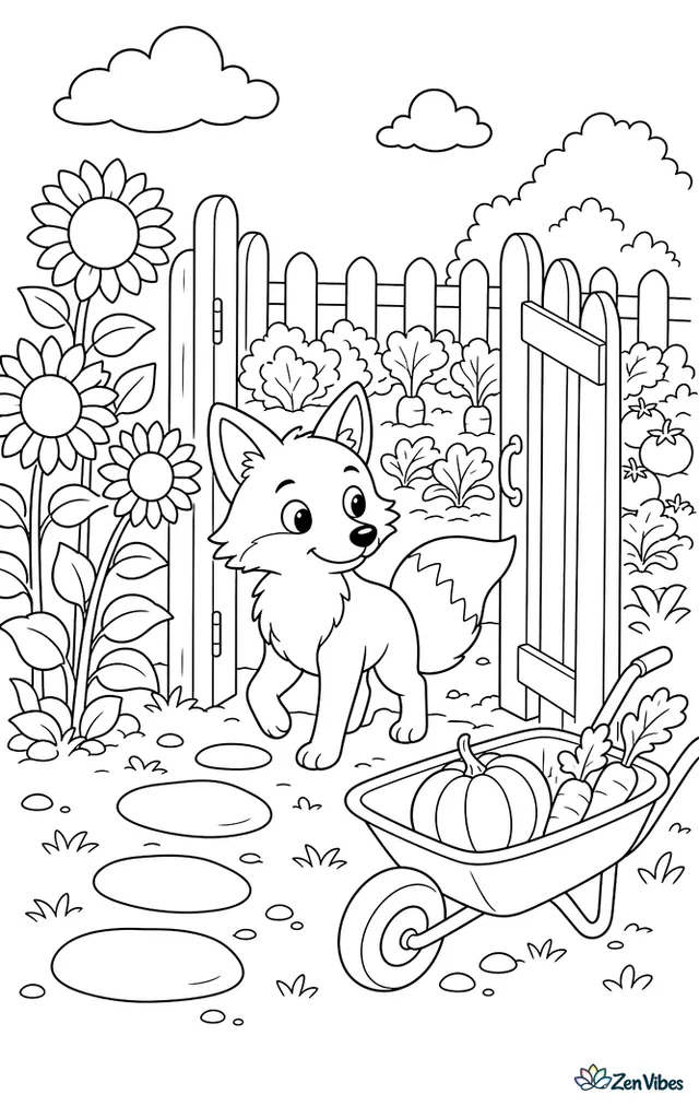A red fox pauses beside an open garden gate, surrounded by sunflowers, stepping stones, a wheelbarrow, and rows of vegetables behind a picket fence.
