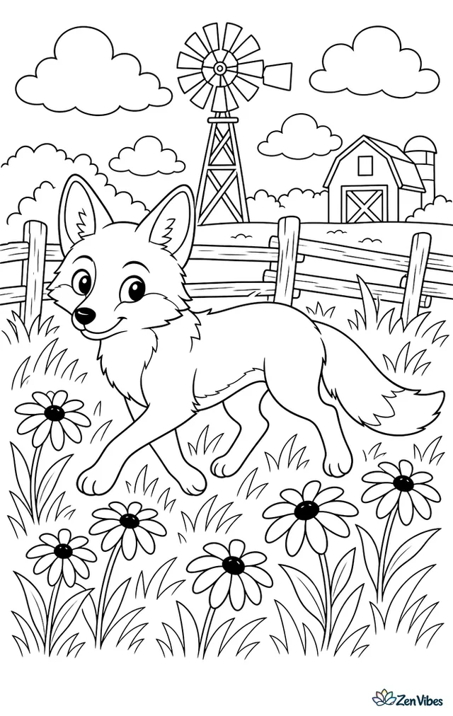 A swift fox trots through prairie grass dotted with black-eyed Susans, while a windmill, split-rail fence, and distant barn sit under puffy clouds.