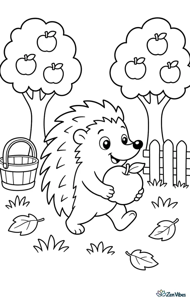 A European hedgehog carries a fallen apple through short grass in a tidy orchard, with two apple trees, a wooden basket, scattered leaves, and a small fence under a clear sky.