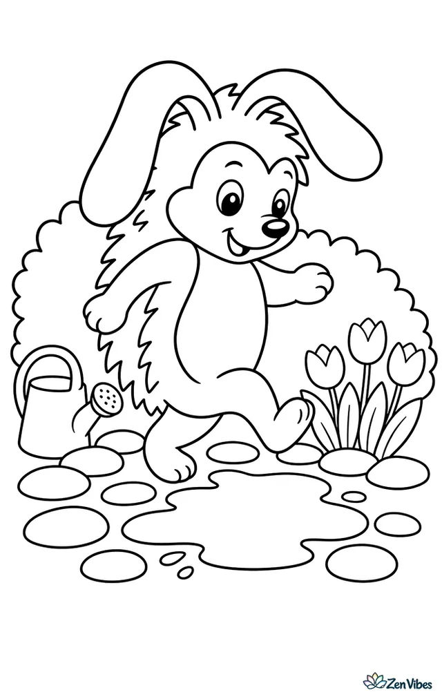 A long-eared hedgehog steps over a rain puddle on a garden path, surrounded by round stones, a watering can, three tulips, and a simple hedge after a light shower.