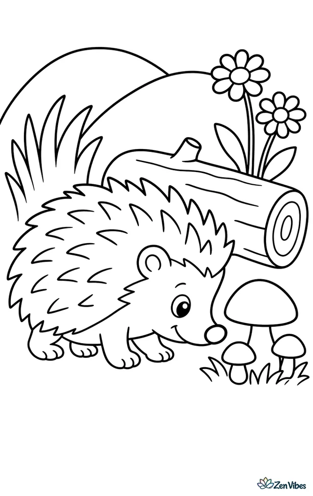 A four-toed hedgehog sniffs beside a mushroom patch in a quiet meadow, with tall grass, two daisies, a smooth log, and rolling hills in the distance.