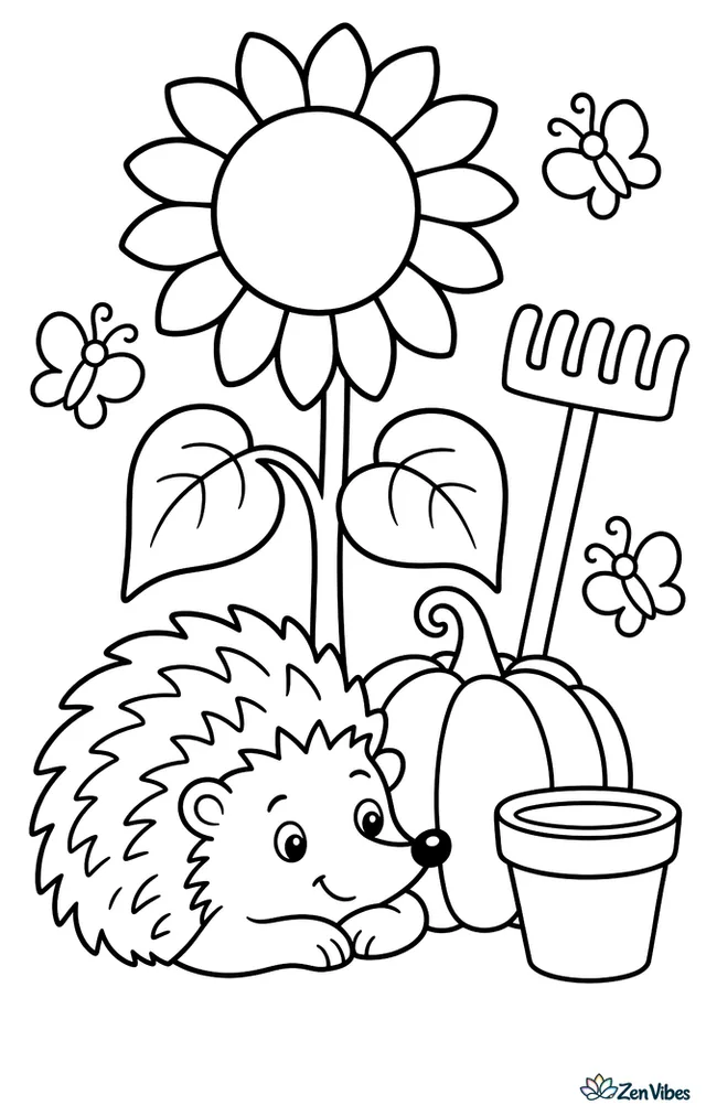 A European hedgehog rests beneath a tall sunflower at the edge of a vegetable garden, near a pumpkin, a rake, a clay pot, and a few fluttering butterflies.