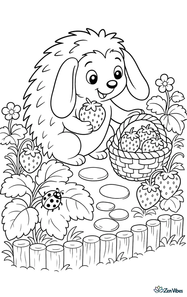 A long-eared hedgehog gathers ripe strawberries beside a wicker basket in a sunny garden bed, with broad leaves, stepping stones, a ladybug, and a low wooden border.